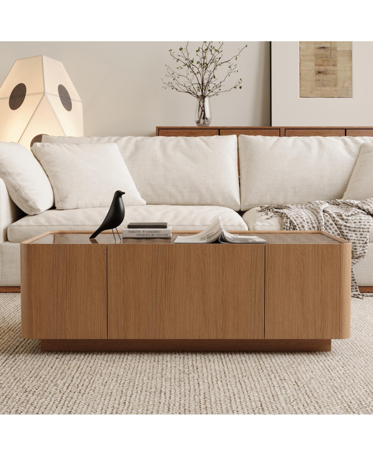 Clihome 46.8" Mid Century Glass Top Coffee Table, Rectangular Table with Hidden Drawers for Living Room