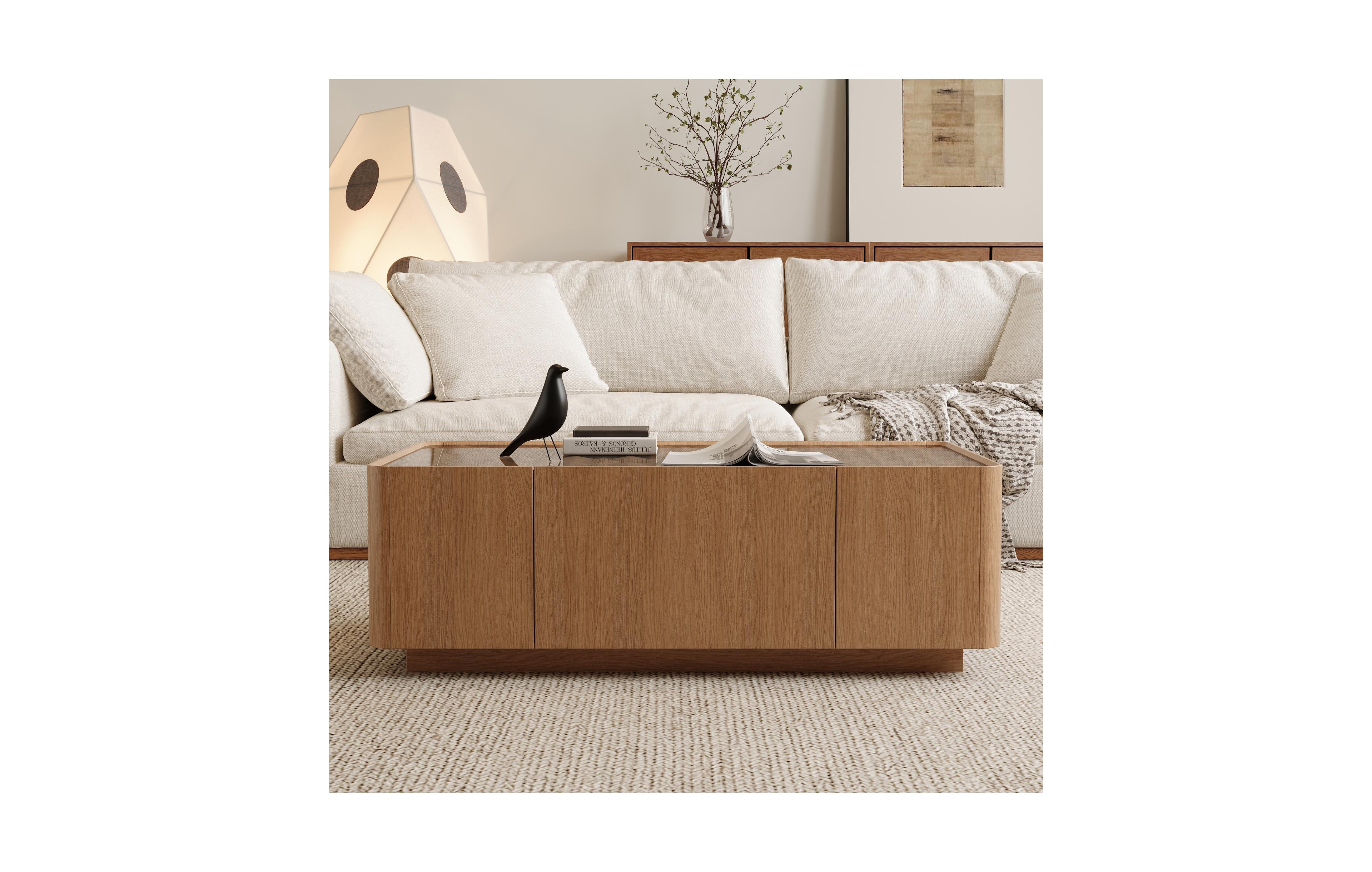Clihome 46.8" Mid Century Glass Top Coffee Table, Rectangular Table with Hidden Drawers for Living Room