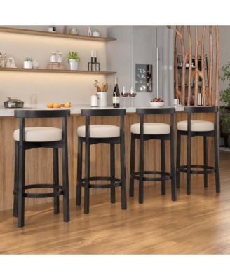 Chenille Counter Height Bar Stools Set of 4 with Solid Wood Legs Beige Black Upholstered Padded Seat Curved Back for Kitchen Island