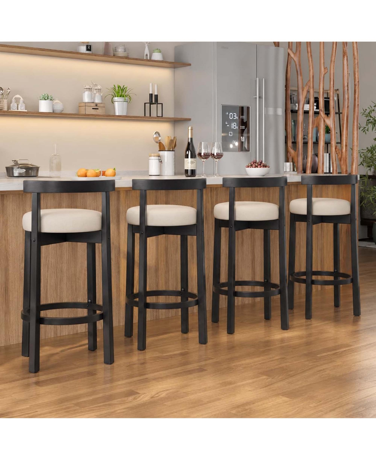 homfan Chenille Counter Height Bar Stools Set of 4 with Solid Wood Legs Beige Black Upholstered Padded Seat Curved Back for Kitchen Island