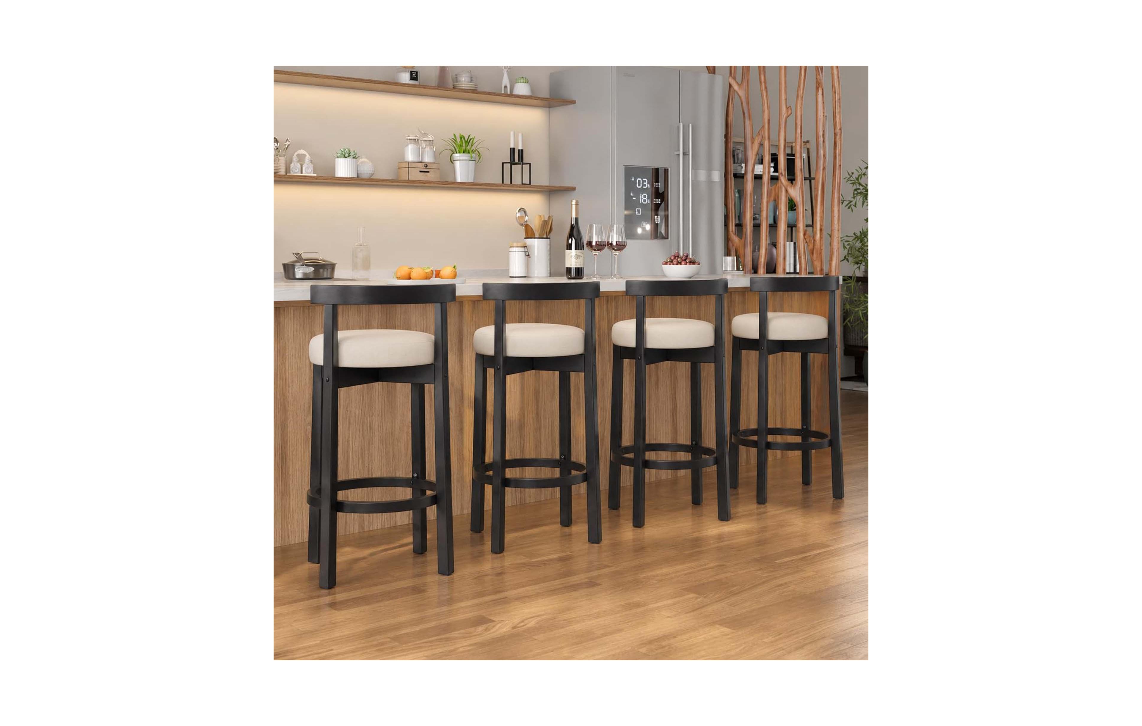 homfan Chenille Counter Height Bar Stools Set of 4 with Solid Wood Legs Beige Black Upholstered Padded Seat Curved Back for Kitchen Island