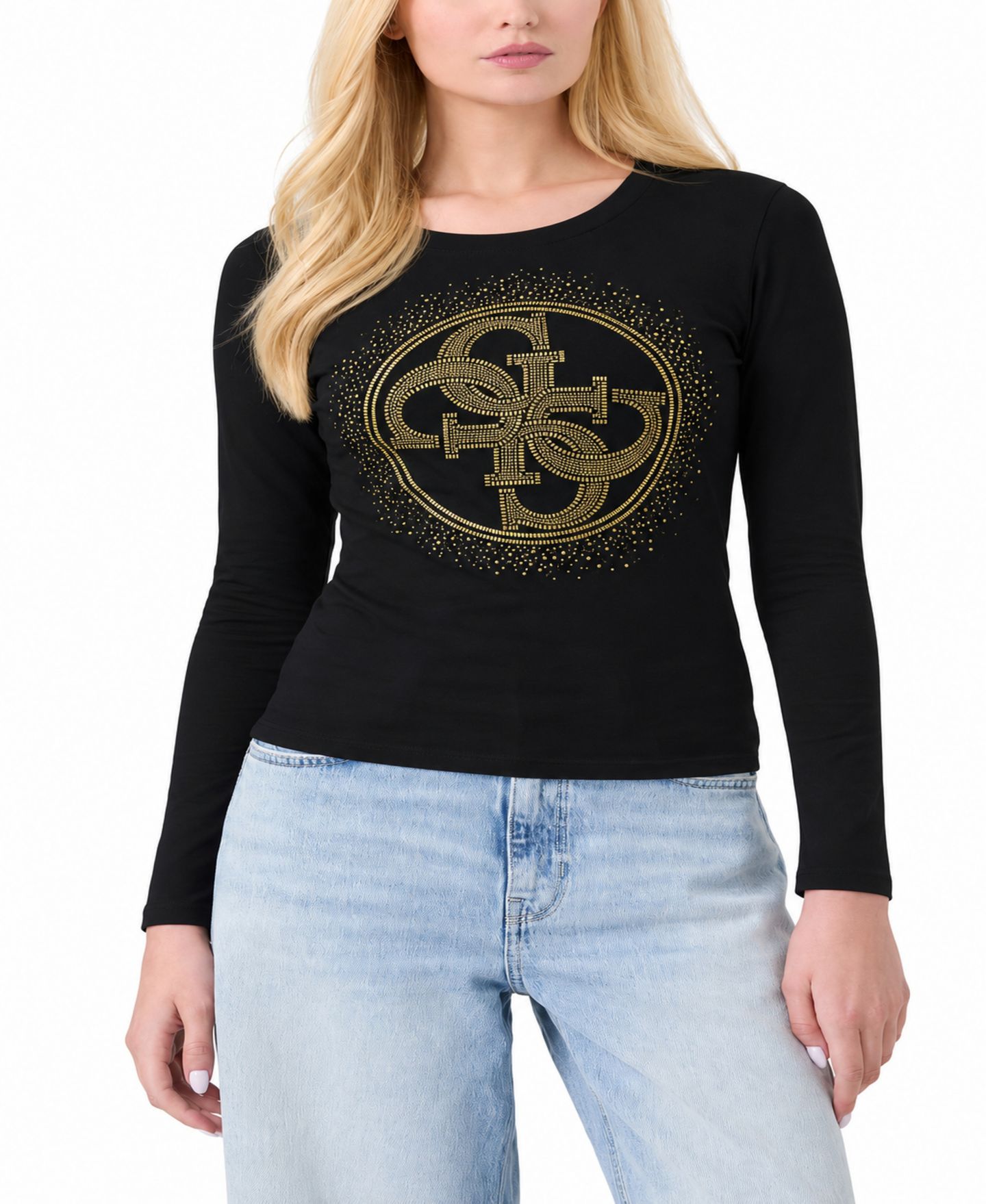 Женская футболка GUESS 4G Round Crystals Long-Sleeve Crewneck, цвет: Угольно-чёрный — фото 3