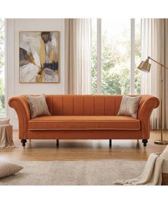  Modern 89.5" Velvet Sofa with Rolled Arms and Gold Accents