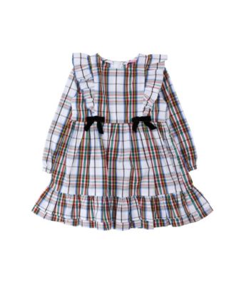 Baby Girls' Long-Sleeve Waterfall-Bow Square-Neckline Cotton Dress