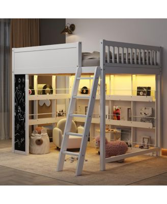 Full Size Wood Loft Bed with LED Light, Chalkboard Panel and BookShelves