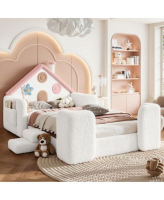 Twin House Upholstered Floor Bed with Side Rails