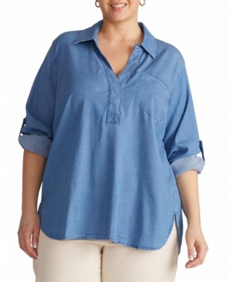 Plus Size Chambray Button-Back Roll-Tab Sleeve Shirt