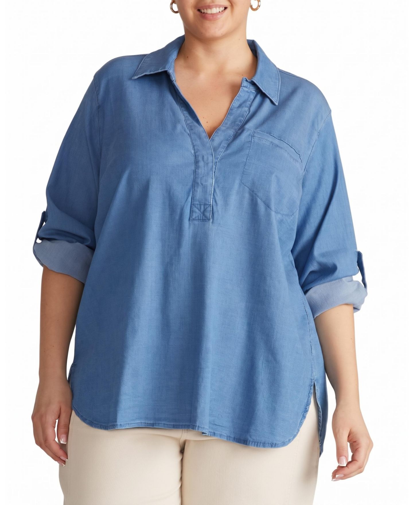 Женская рубашка Universal Standard Plus Size Chambray Button-Back Roll-Tab Sleeve, цвет: Синий — фото 1