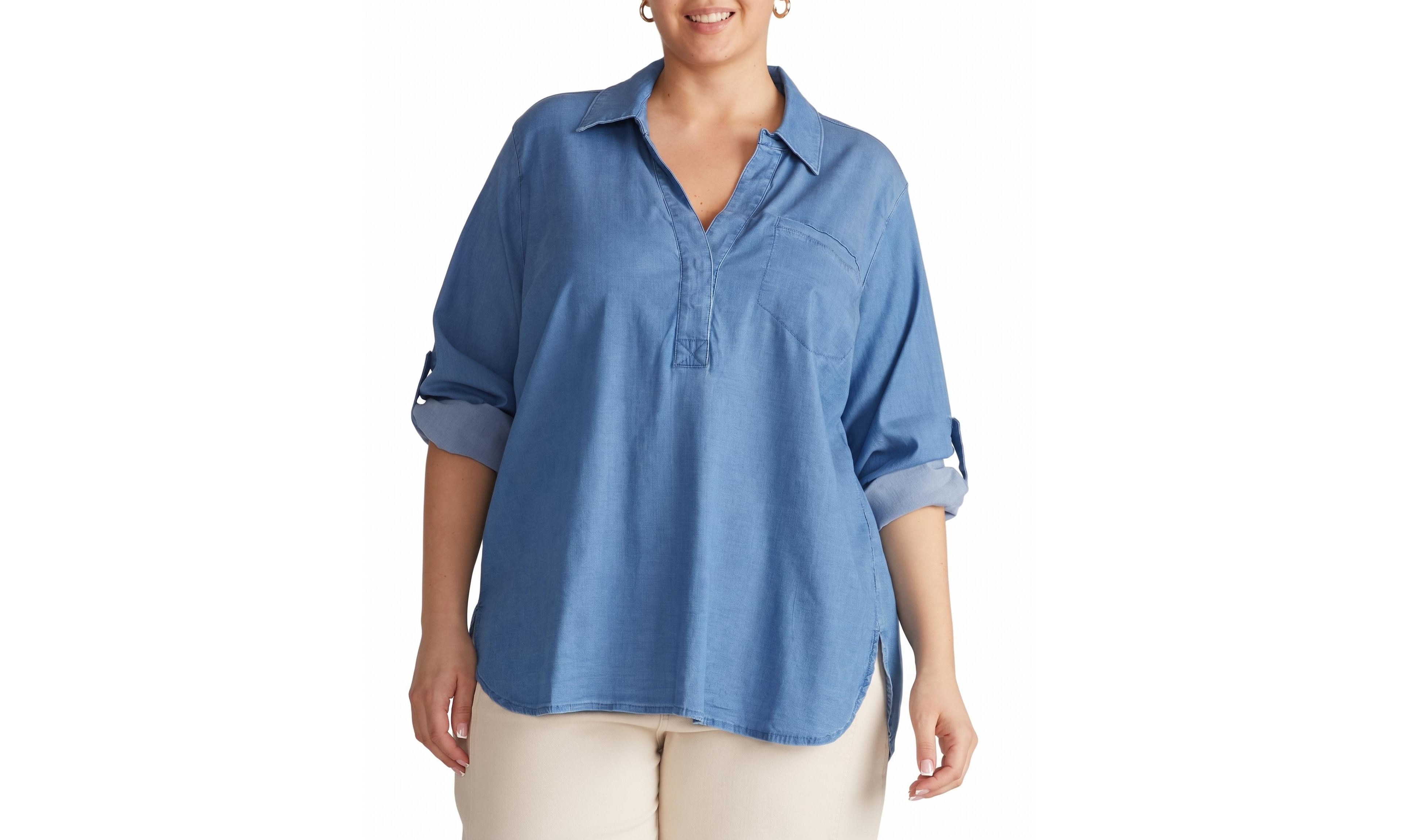 Universal Standard Plus Chambray Button-Back Roll-Tab Sleeve Shirt