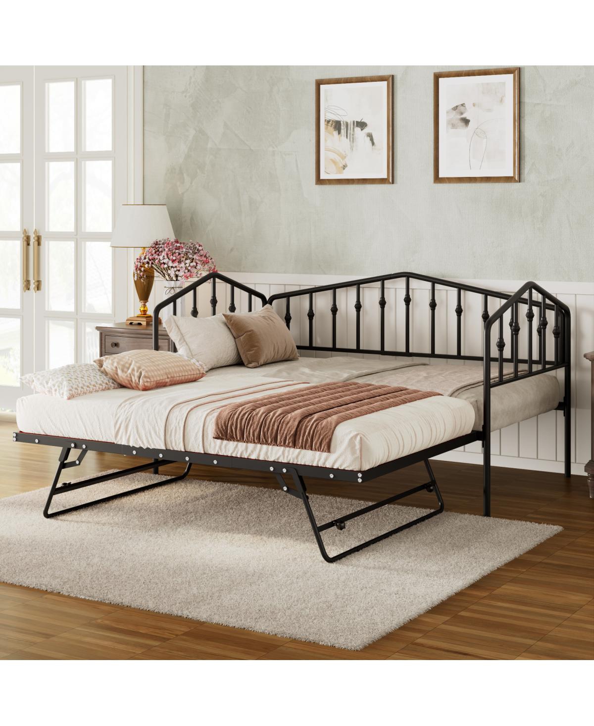 Streamdale Furniture Twin Metal Daybed with Adjustable Portable Folding Trundle - Black