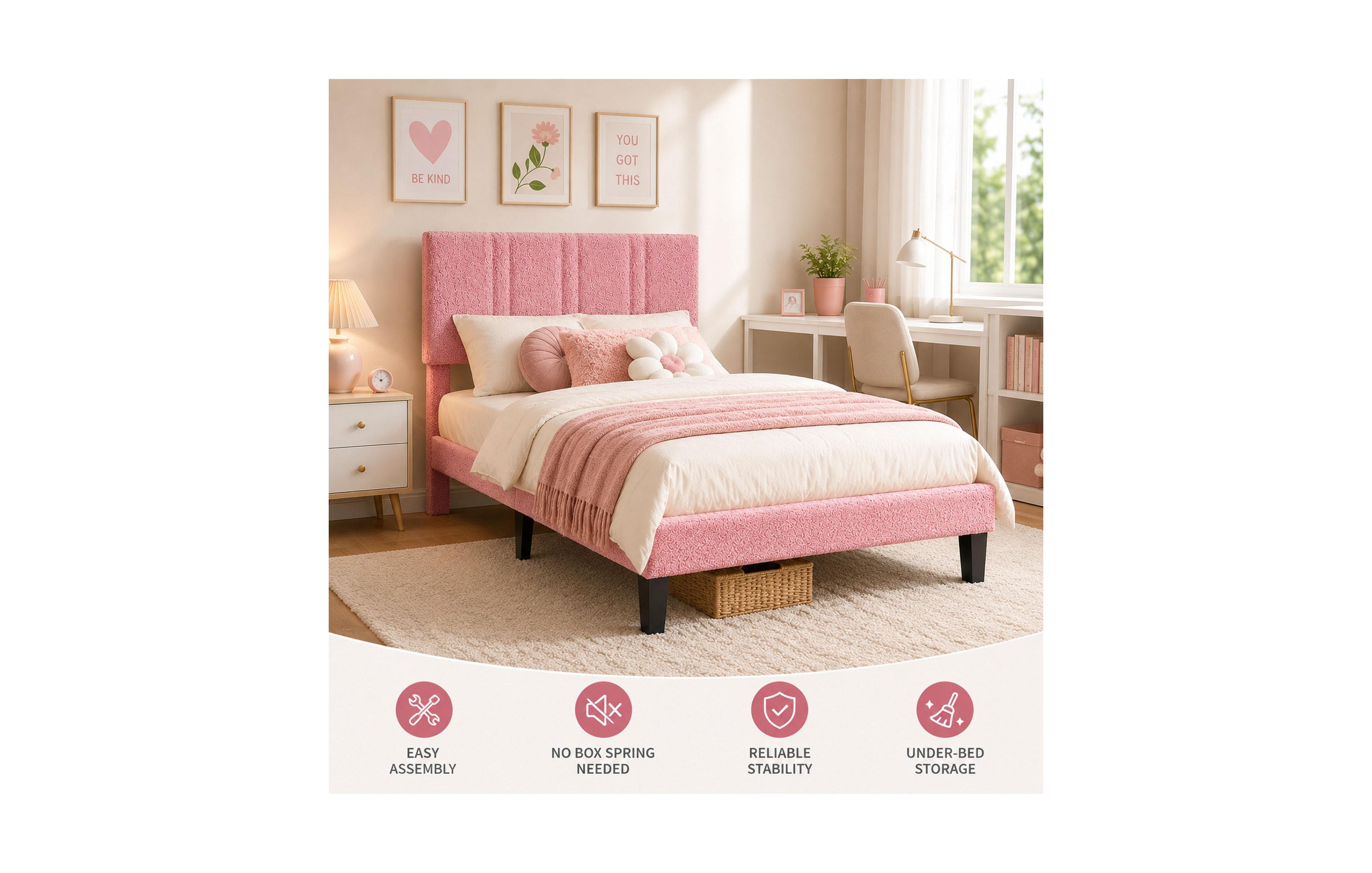 homfan Twin Boucle Upholstered Bed Frame, No Box Spring Needed