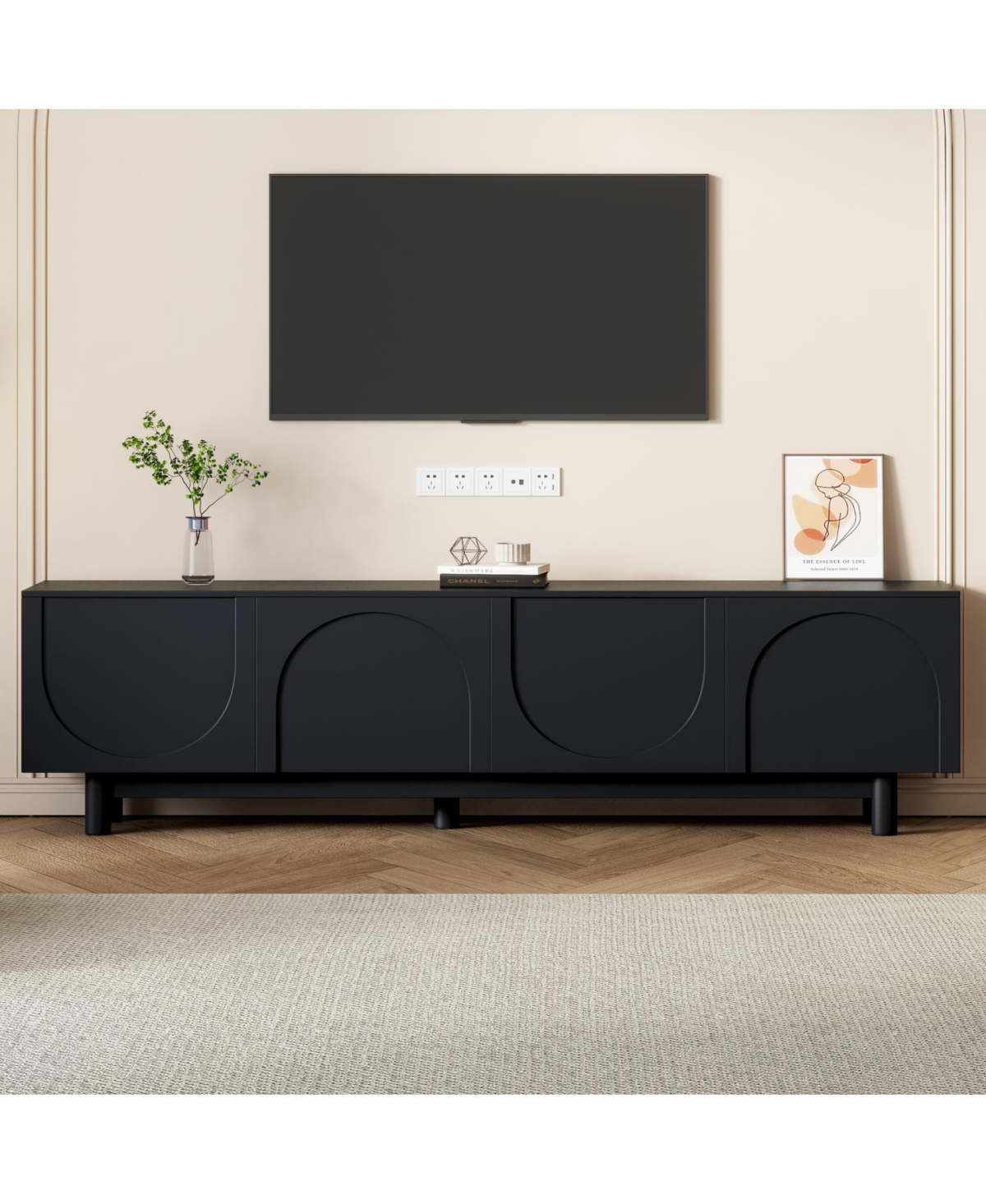 Rainsken Tv Stand with Arch Cabinets, Minimalist Entertainment Center with Solid Wood Legs, for TVs Up to 78 inch, with Large Storage, for Living Room