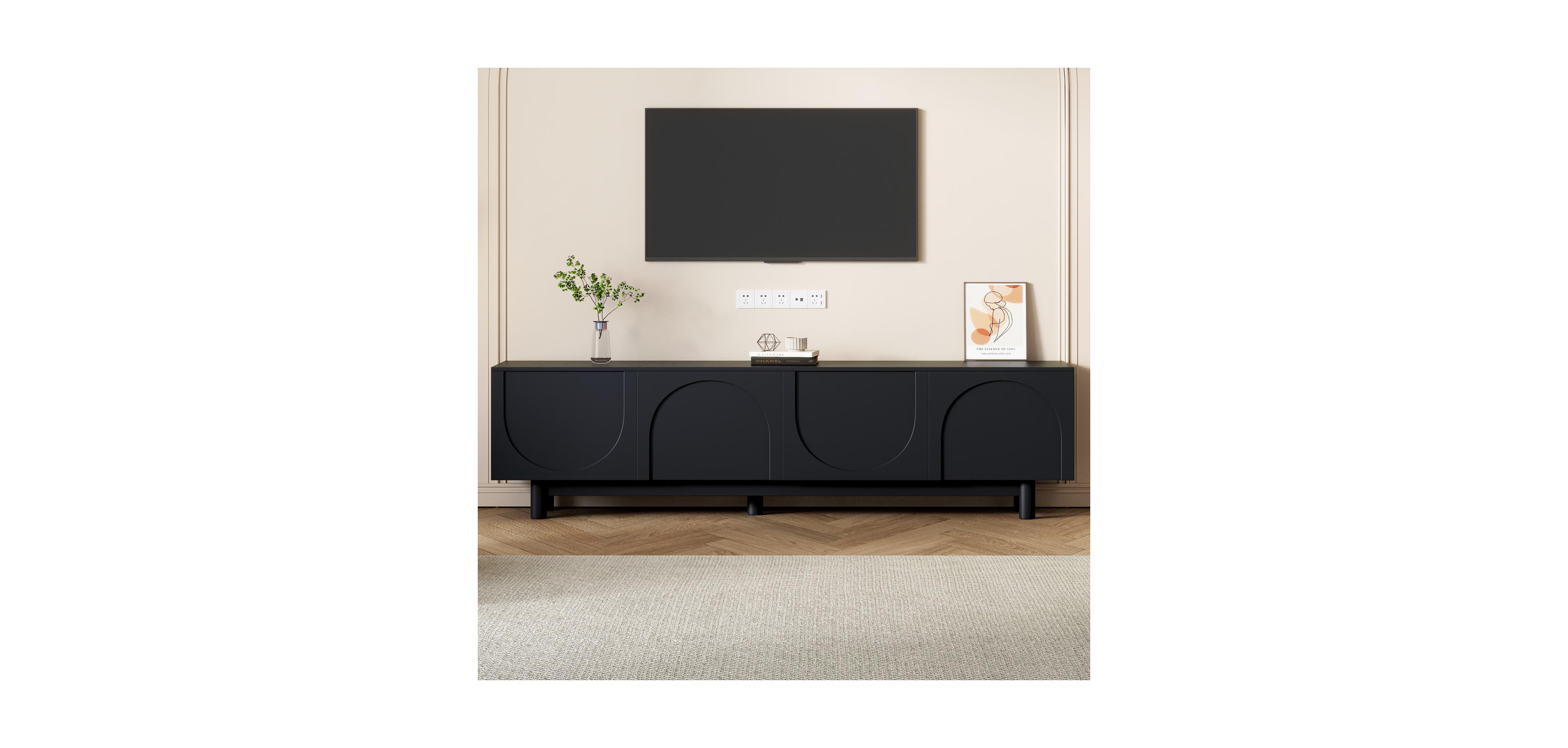 Rainsken Tv Stand with Arch Cabinets, Minimalist Entertainment Center with Solid Wood Legs, for TVs Up to 78 inch, with Large Storage, for Living Room