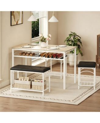 4 Piece Dining Table Set with Upholstered Bench and 2 Stools, Space Saving Dining Room Table with Storage Racks for Small Apartment Kitchen