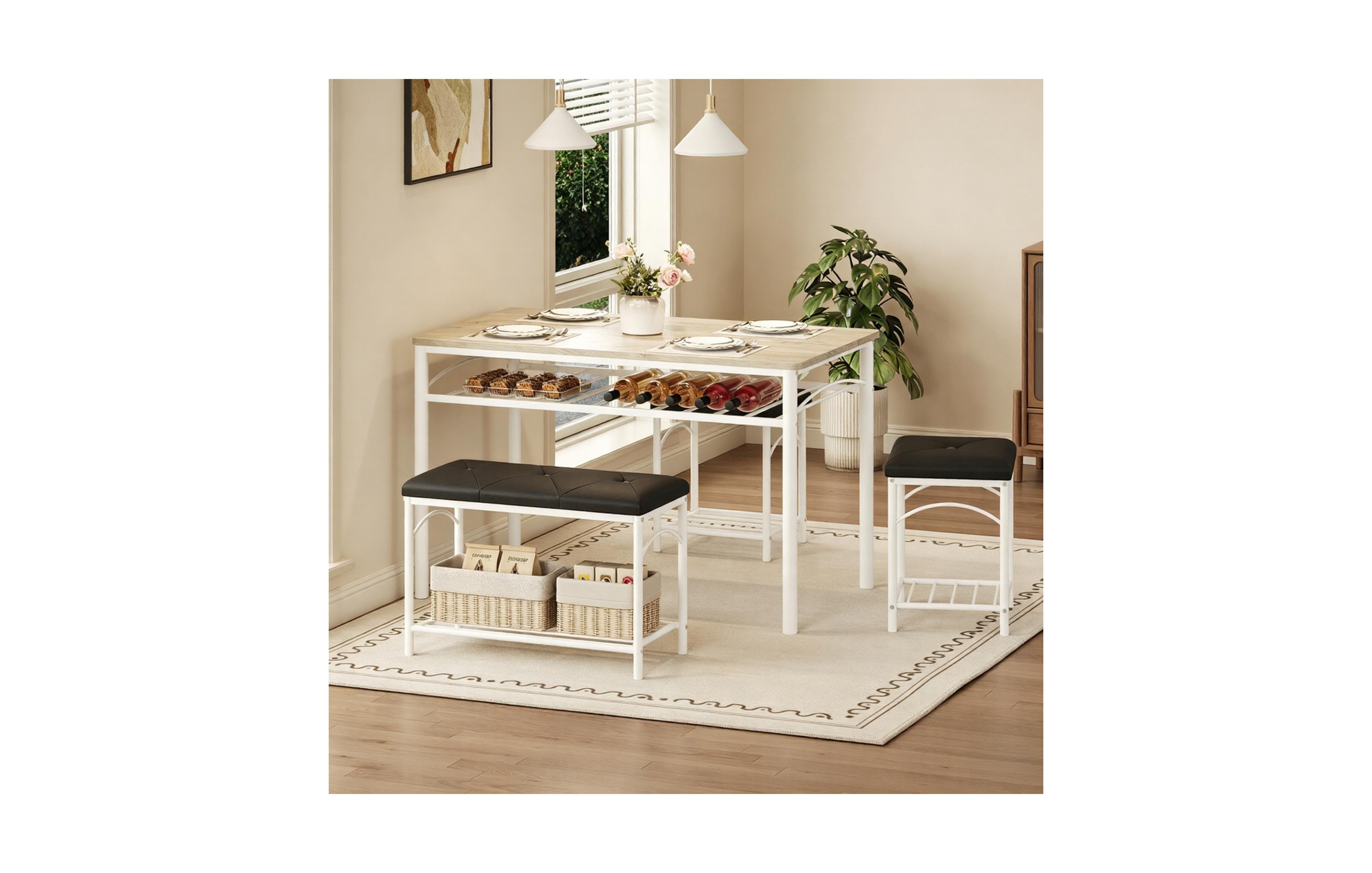 homfan 4 Piece Dining Table Set with Upholstered Bench and 2 Stools, Space Saving Dining Room Table with Storage Racks for Small Apartment Kitchen