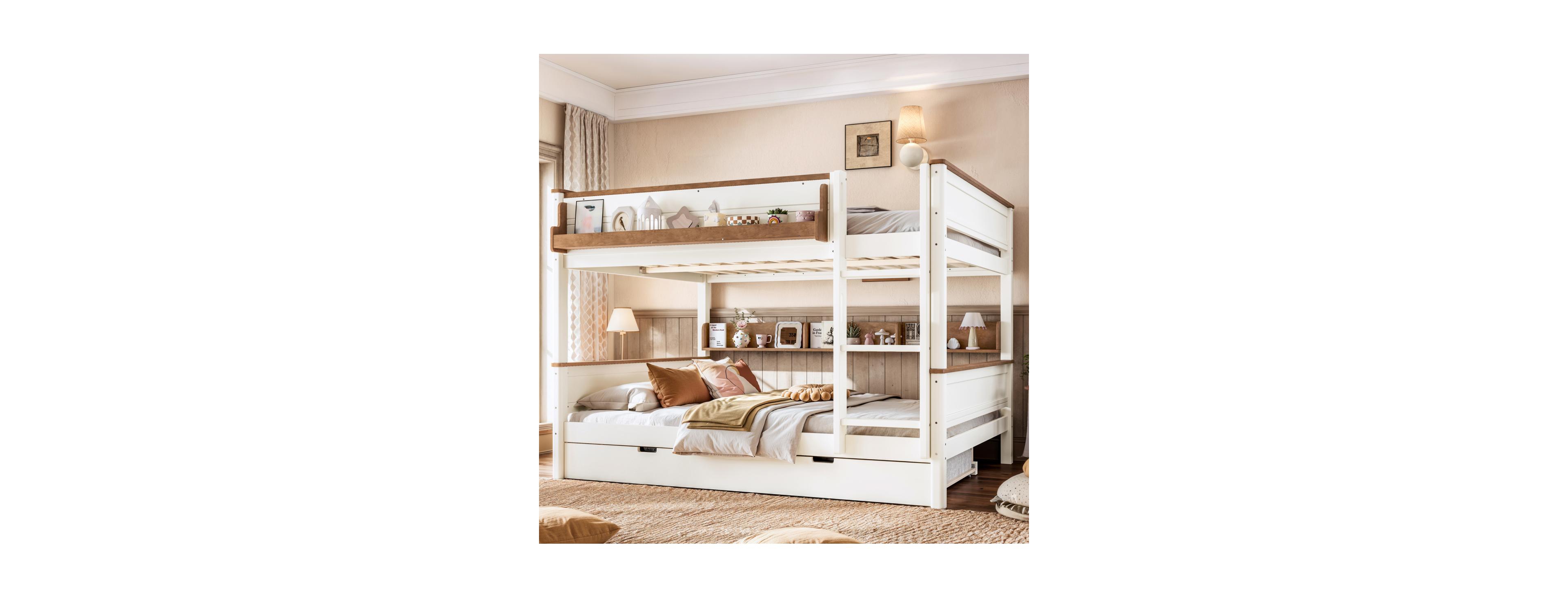 Streamdale Furniture Queen Wood Bunk Bed with Trundle and Shelves