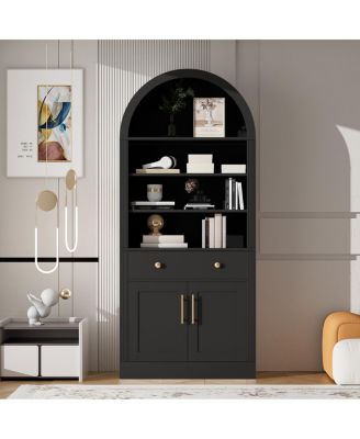 Arched Bookshelf with Storage Cabinet and Doors