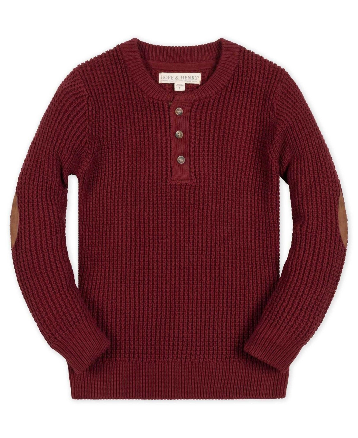 Hope & Henry Toddler Boys' 2T-5T Long-Sleeve Henley Faux Suede Elbow Patches Sweater - Oxblood waffle