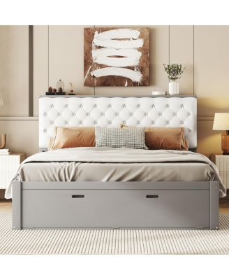 Queen Size Platform Bed,Solid Pine Wood Bed with 4 Drawers,Storage Headboard and 2-Tier Shoe Rack,Upholstered Bed Frame for Bedroom Apartment