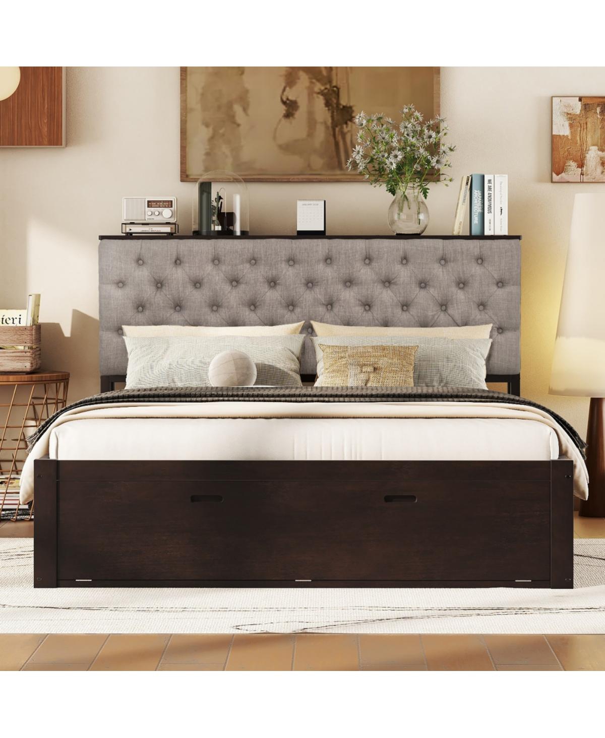 Rainsken Queen Size Platform Bed,Solid Pine Wood Bed with 4 Drawers,Storage Headboard and 2-Tier Shoe Rack,Upholstered Bed Frame for Bedroom Apartment