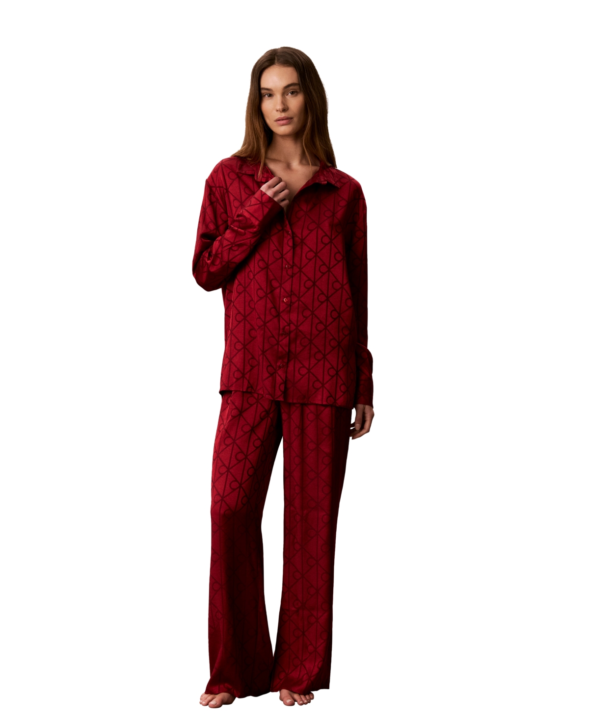 Calvin Klein Women's Satin Sheen Print Long-Sleeve Point Collar Sleep Shirt - 19519 Giga Satin Shine Emblem Rio Red