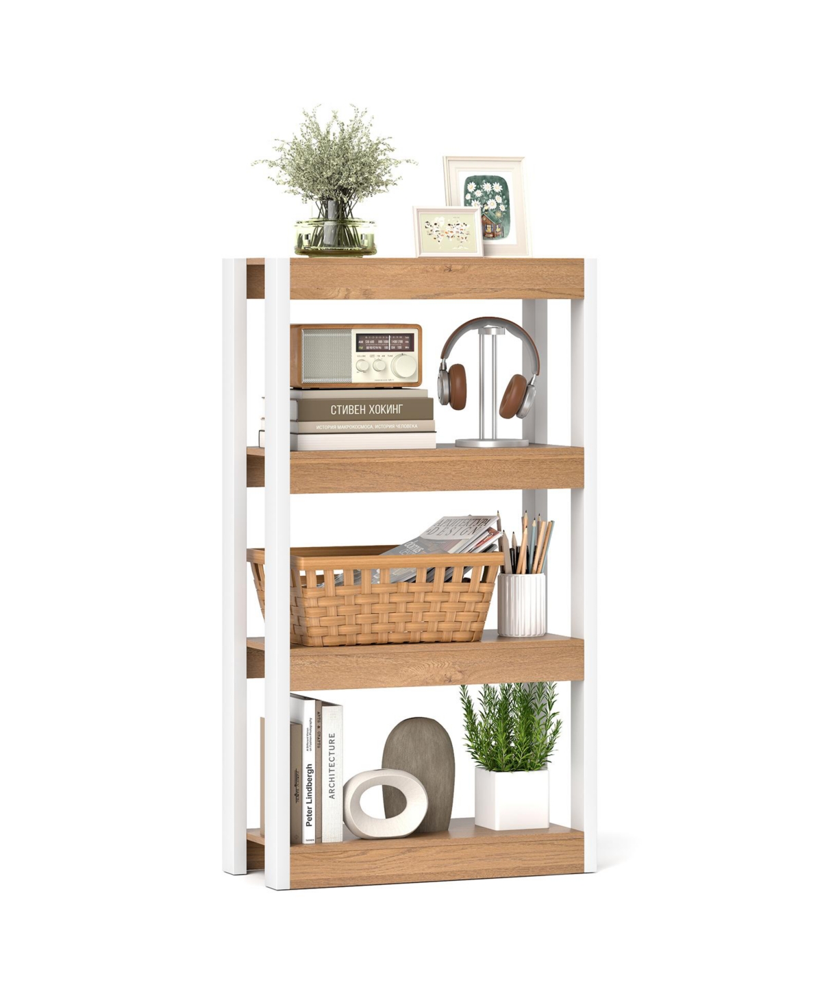 Mecale 4 Tier Bookshelf Wooden Bookcase with Dual Anti-Tipping Kits