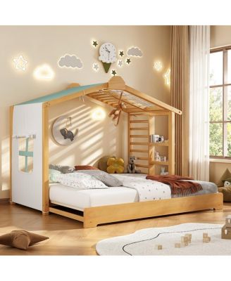 Twin Size House Bed with Twin Size Trundle and Side Shelves