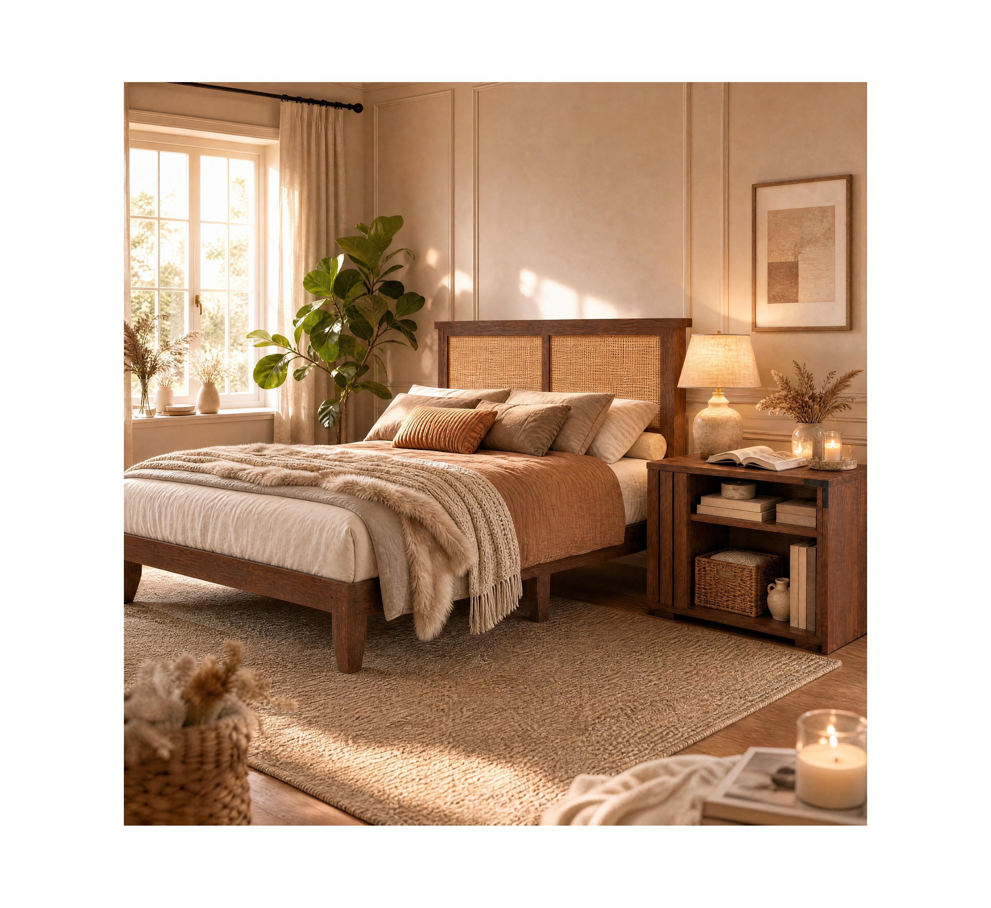 Gaomon Boho Rattan Bed Frame and Expandable Coffee Table Set, Rgb Led Lights and Headboard Shelf, No Box Spring Needed