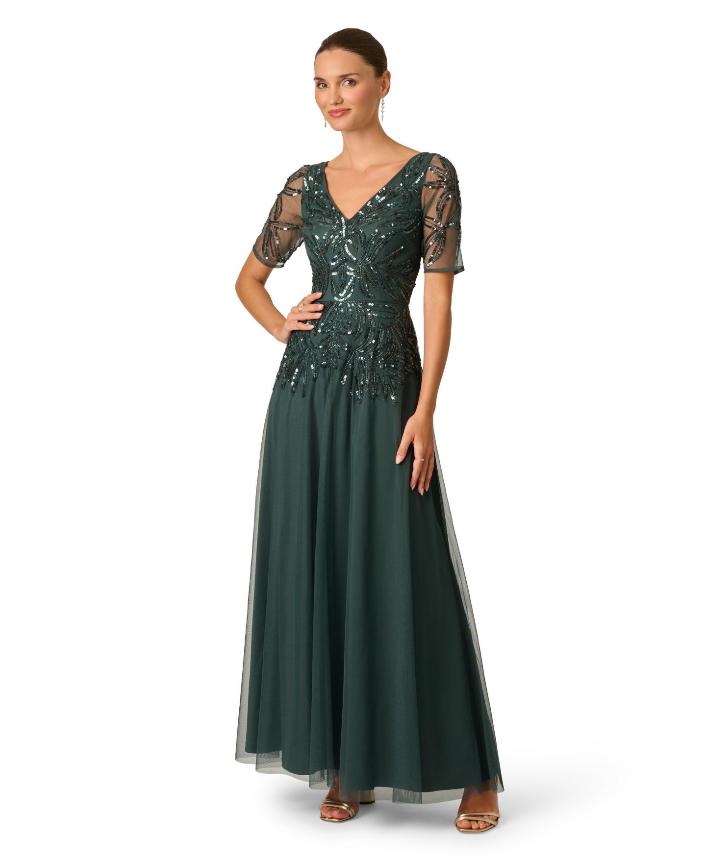 Женские платья Adrianna Papell Embellished Mesh V-Neck Gown, цвет: Светлый тёмно-синий — фото 5