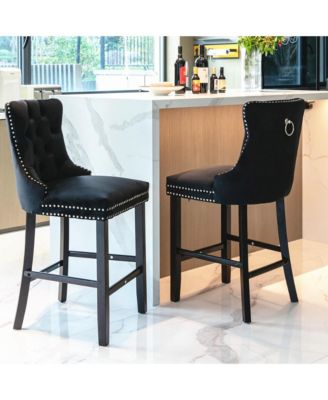 Velvet Upholstered Bar Stools Set of 2 - Button Tufted Decoration, Nailhead Trim and Wooden Legs, Counter Height Chairs for Home Pub