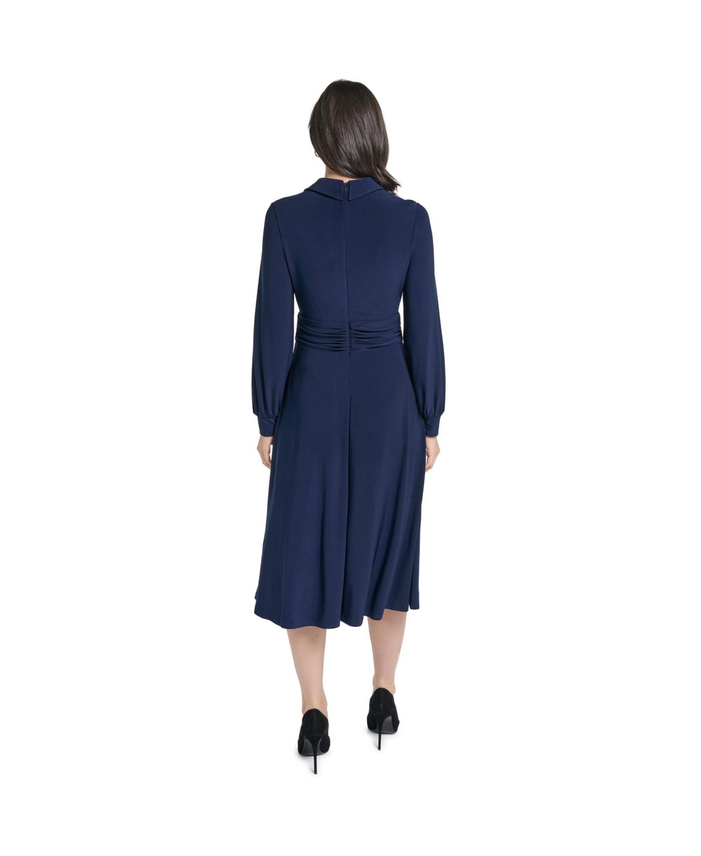 Женское платье Jessica Howard Petite Ruched Shirt Collar Long-Sleeve A-Line Midi, цвет: Тёмно-синий — фото 5