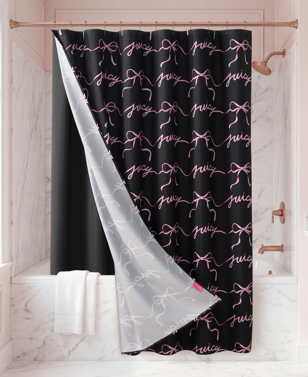 Juicy Couture Shower Curtain Set with Liner and Hooks, 14-Piece - Black