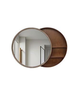 Round Wall Mirror With Sliding Storage Shelf 23.62 Inch Wooden Cabinet