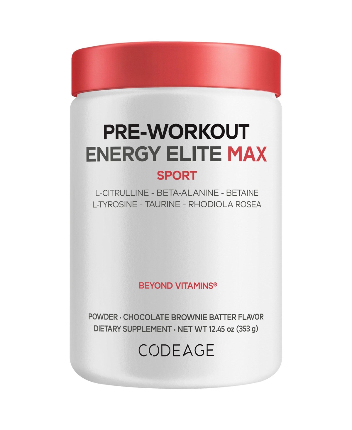 Codeage Pre-Workout Energy Elite Max, L-Tyrosine, Taurine, Betaine, Citrulline, Chocolate, 12.45 Ounce - White