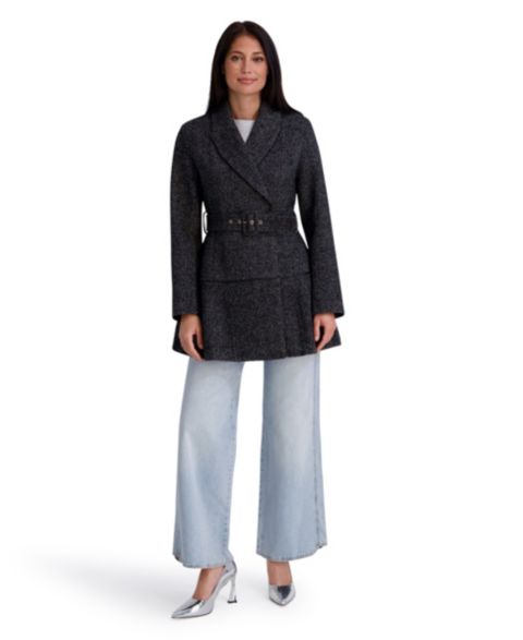 Женская куртка Kensie Belted Herringbone Tweed Skirted Wool, цвет: Чёрный / Белый