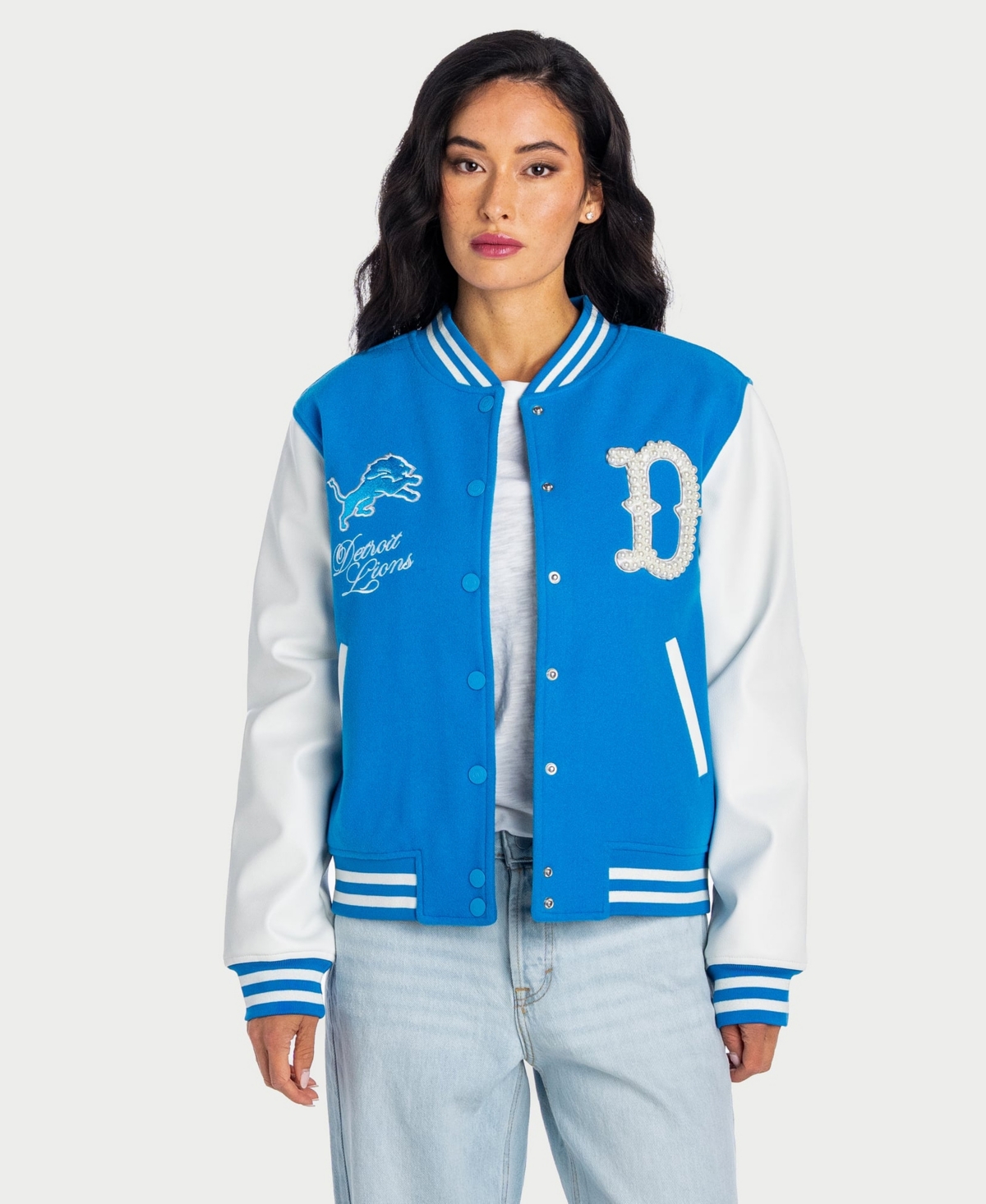 The Wild Collective Women's Blue Detroit Lions Pearl Varsity Jacket