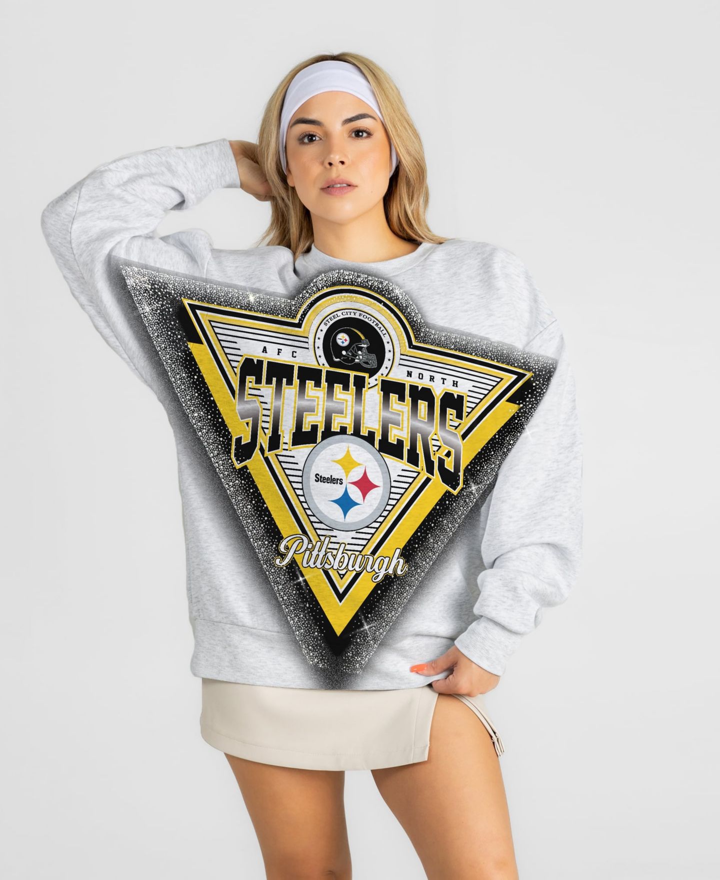 Женская толстовка Gameday Couture Heather Gray Pittsburgh Steelers Chasing Victory Rhinestone Spray Oversized Fleece — фото 2
