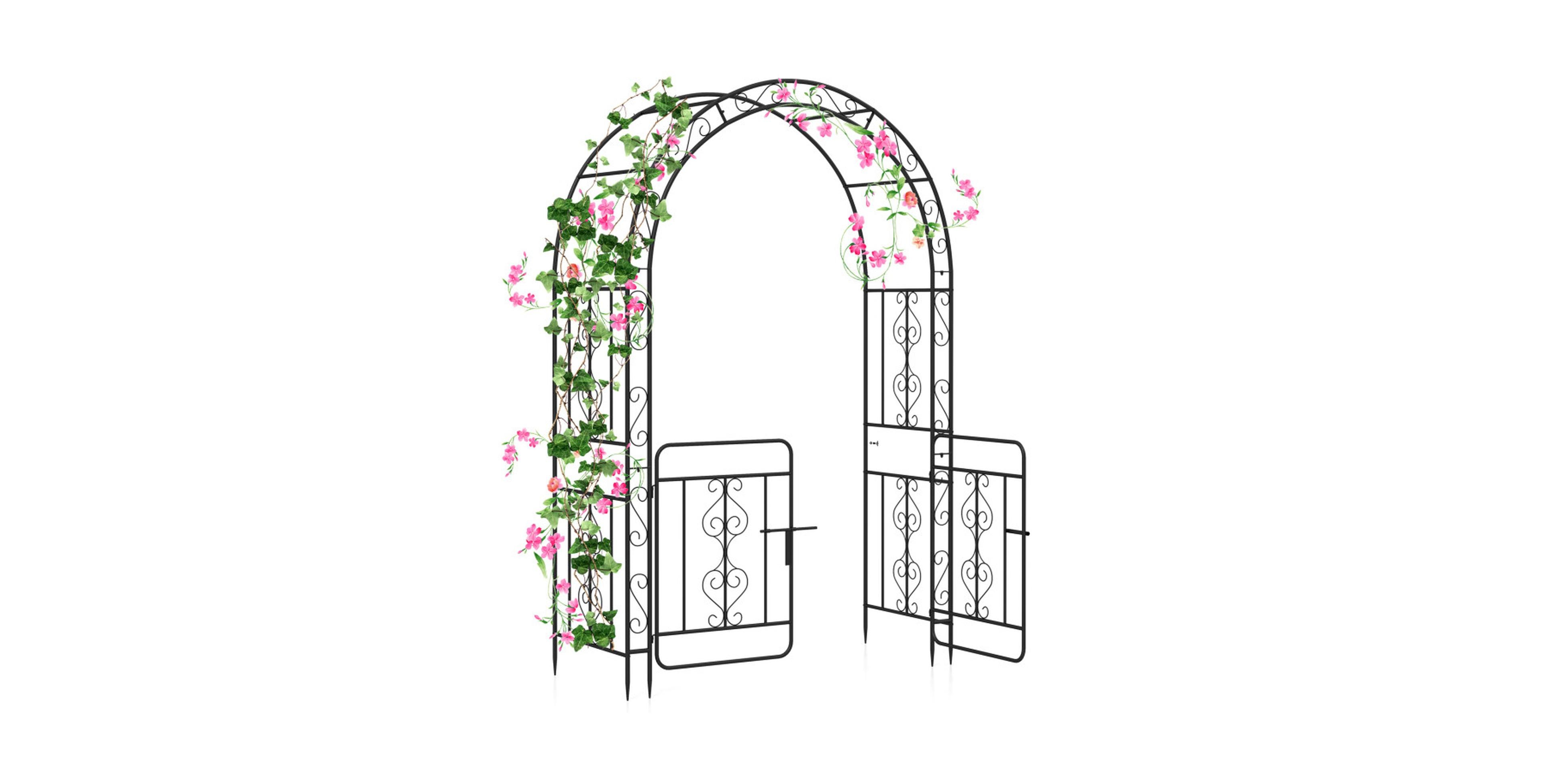 Sugift Metal Garden Arbor with Gate and Reinforced Crossbars