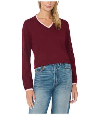 Women's Scallop-Trim V-Neck Long-Sleeve Sweater