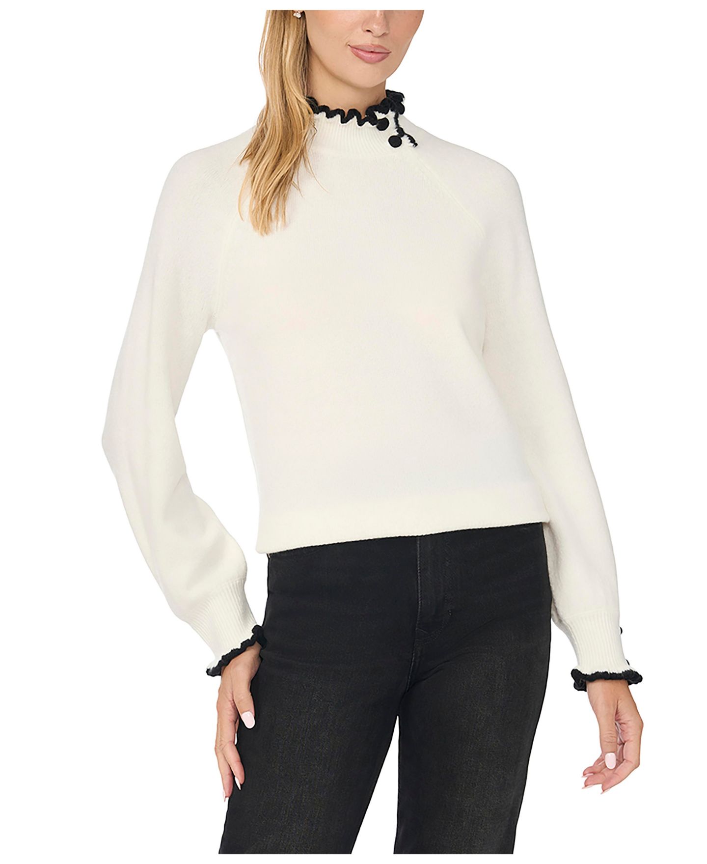Женский свитер CeCe Tipped Ruffle Mock Neck, цвет: Состаренный белый — фото 1