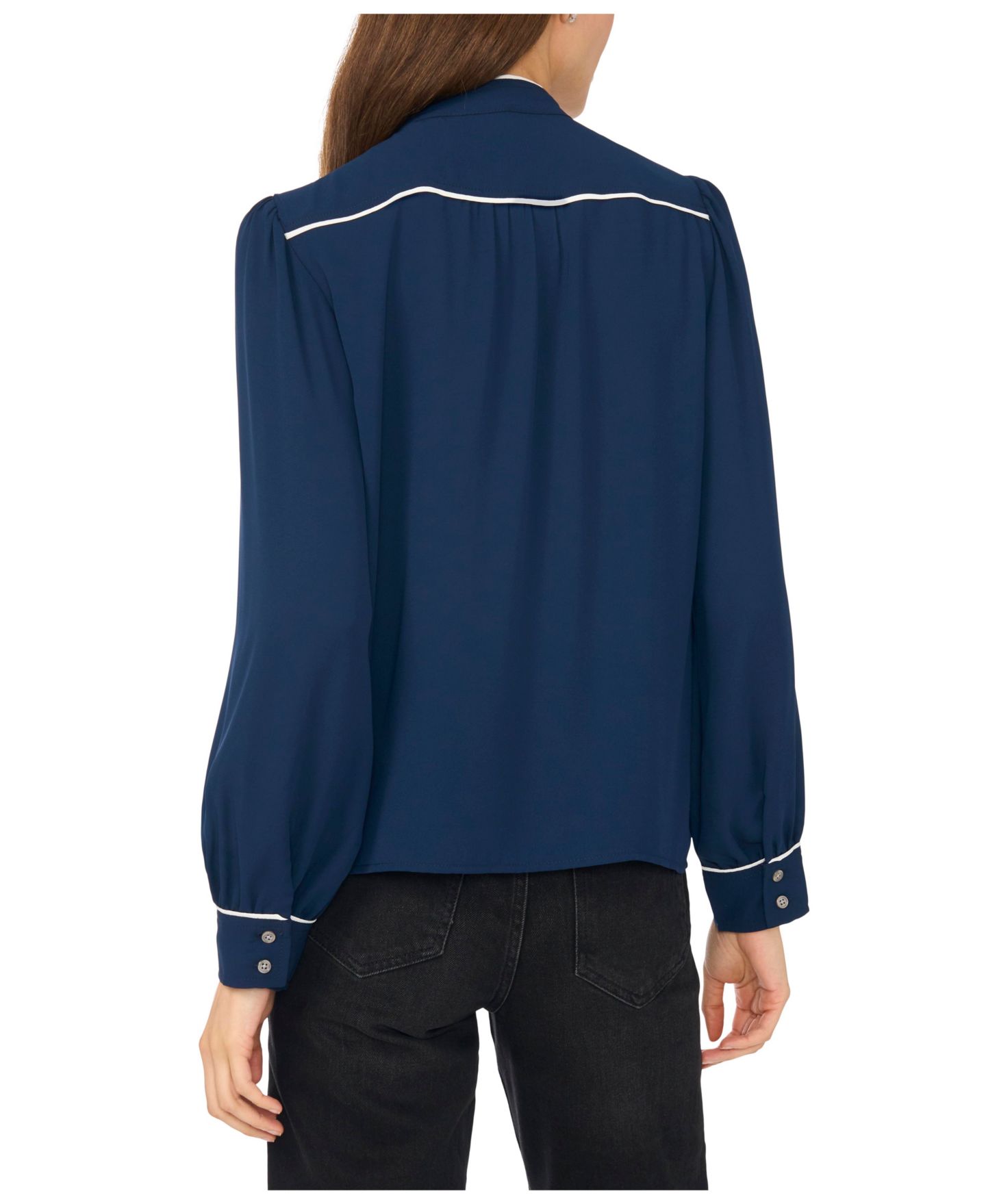 Женская блузка CeCe Long-Sleeve Open-Collar with Contrast Piping, цвет: Тёмно-синий — фото 3