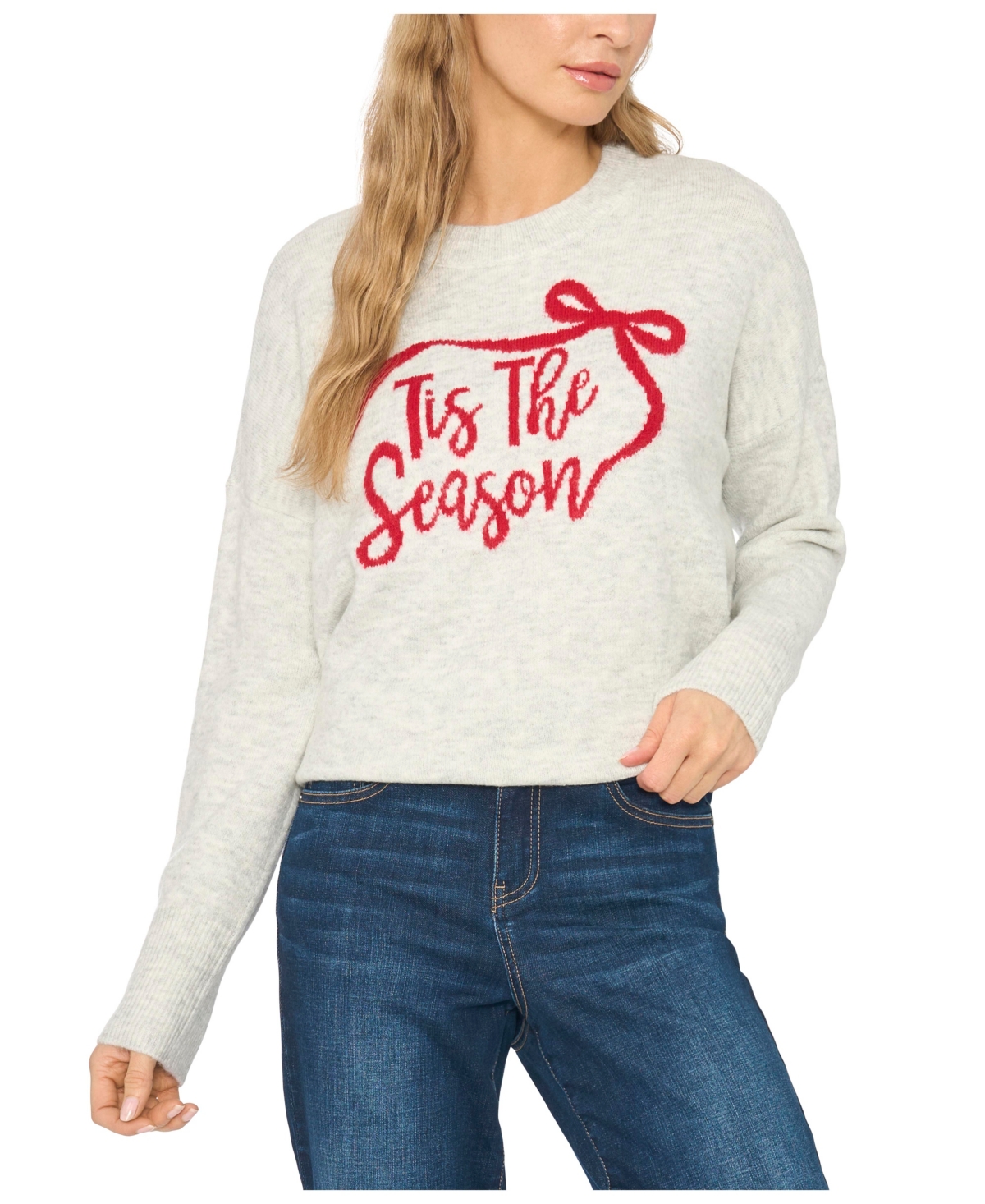 CeCe Women's Tis The Season Holiday Graphic Knit Crewneck Long-Sleeve Sweater - Silver Heather