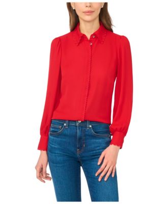Women's Long-Sleeve Scallop-Trim Button Up Blouse