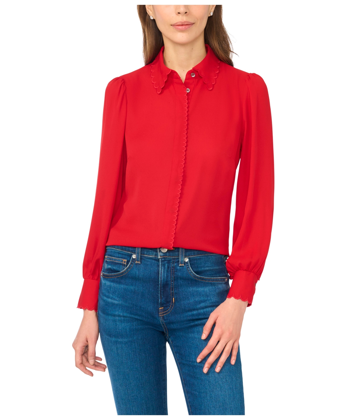 CeCe Women's Long-Sleeve Scallop-Trim Button Up Blouse