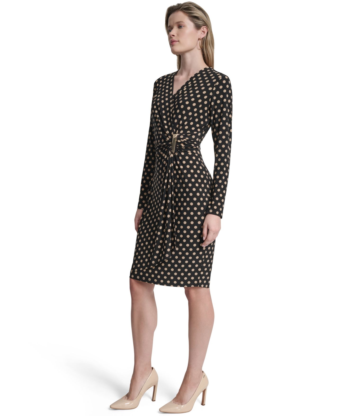 Женское платье DKNY Long-Sleeve Knee Length, цвет: Чёрный / Песочный — фото 3