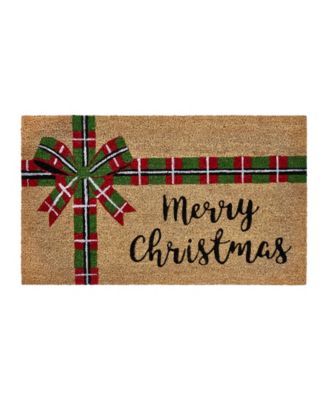 Merry Christmas Plaid Bow Outdoor Coir Doormat, 18" x 30"