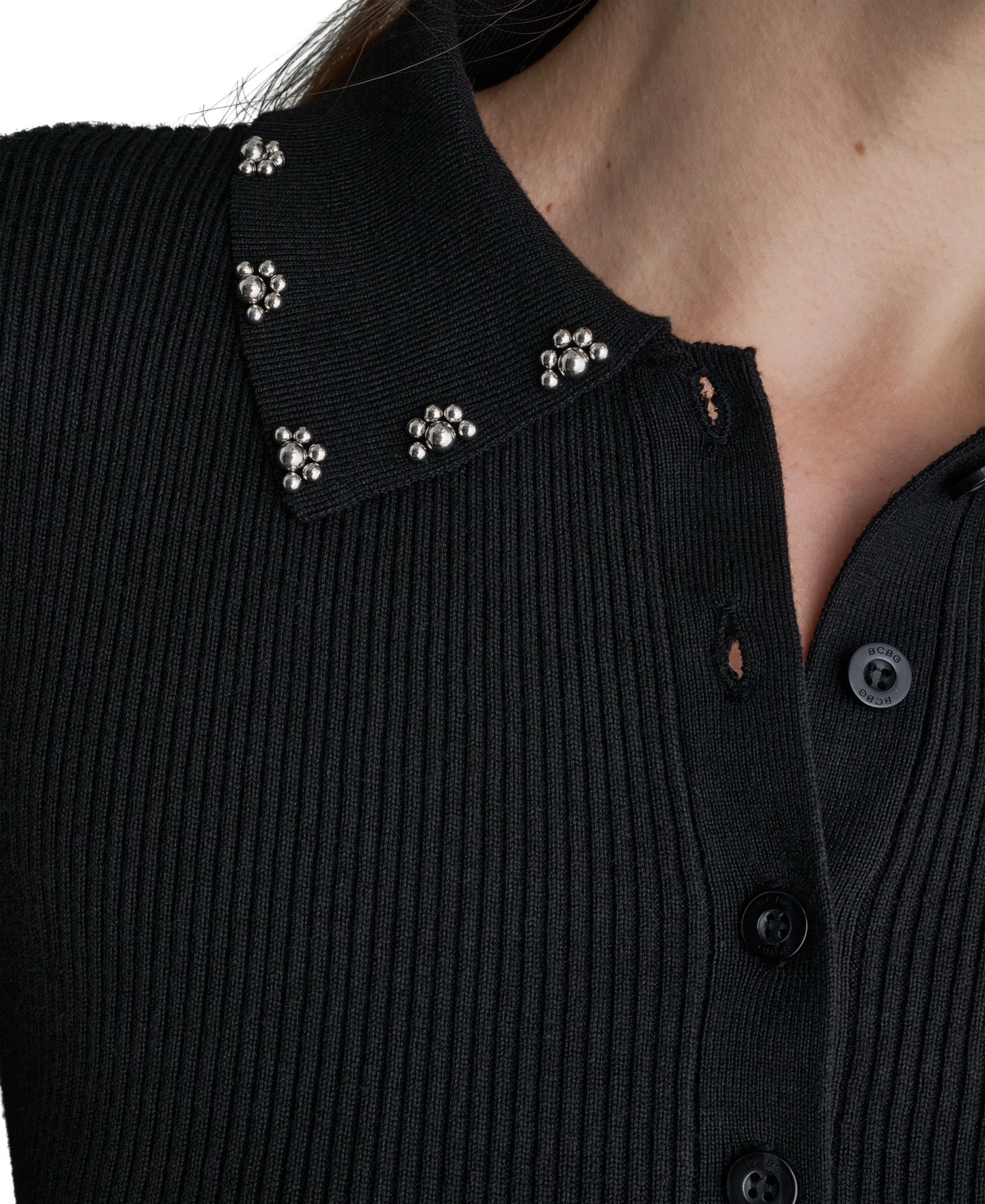 Женское поло BCBG Long-Sleeve Embellished Collar Polo, цвет: Чёрный — фото 7