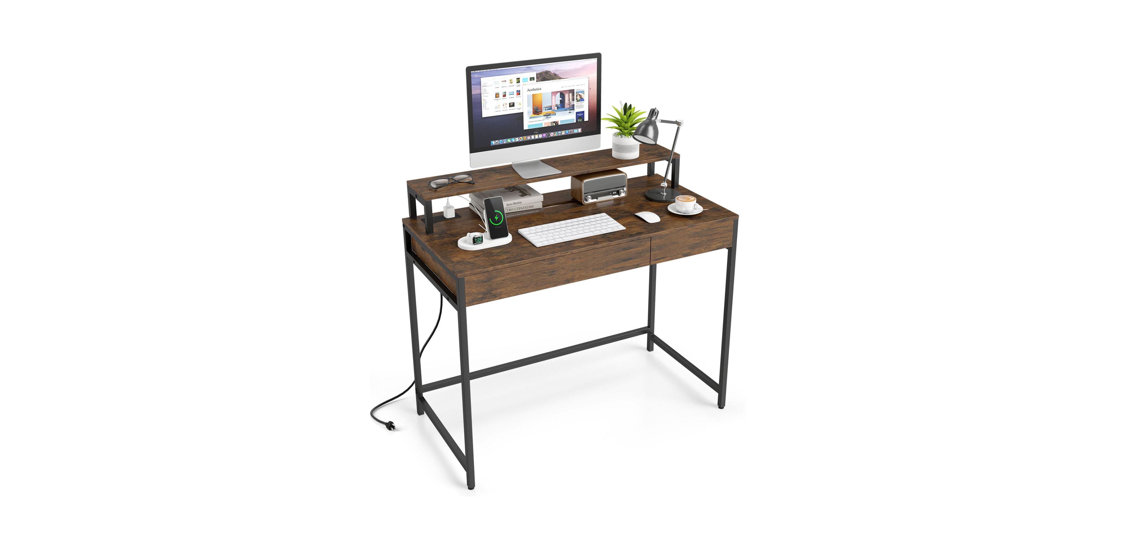 Mecale Compact Office Desk with Removable Monitor Shelf and Dual-use Drawer