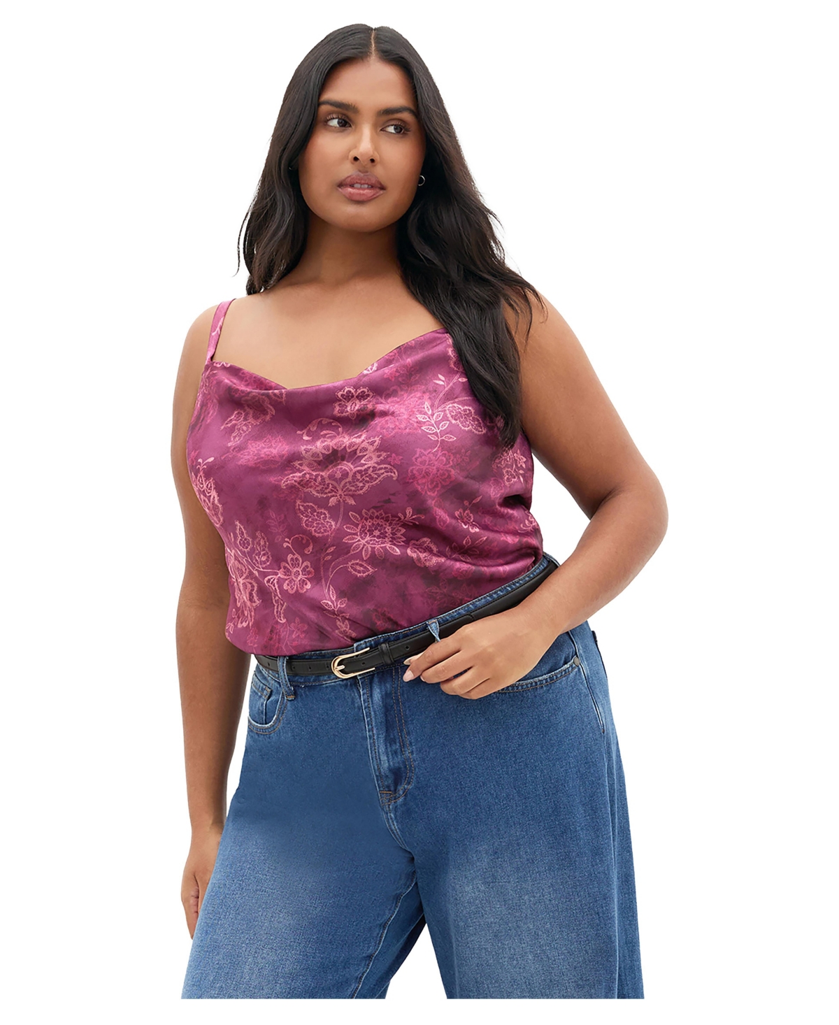 City Chic Plus Satin Cowl Lace Print Camisole