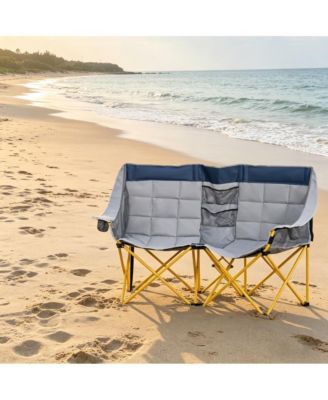 Double Folding Chair, Navy Blue, Oxford, Metal, PP, Nylon Mesh Construction, Side-by-side camping chair with carry bag